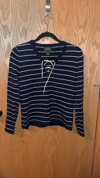 Lauren Ralph Lauren Navy Blue and White Striped Lace-Up V-Neck Cotton Sweater - Picture 1 of 3